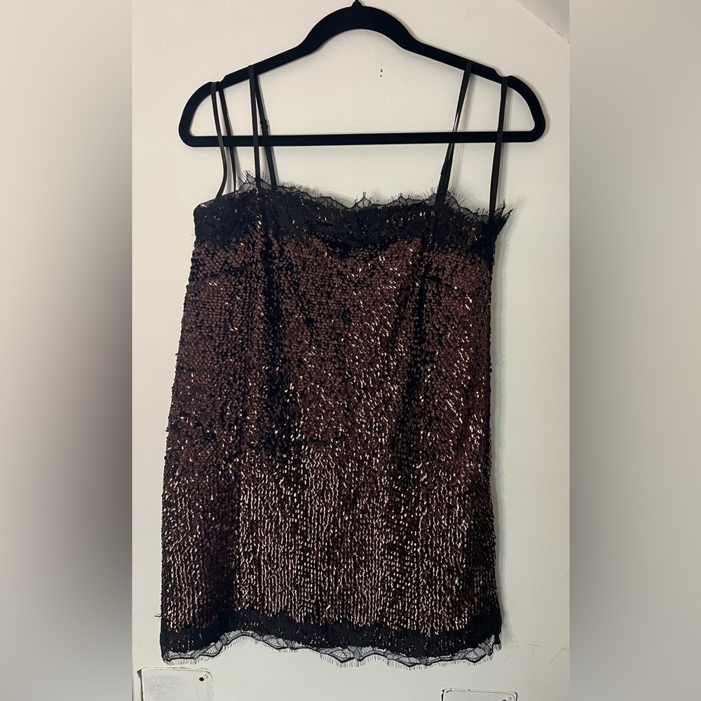 🏷️ Lilly Sisto X Gianni Bini Tinsley Brown Sequin Lace Trim Mini Dress NWT